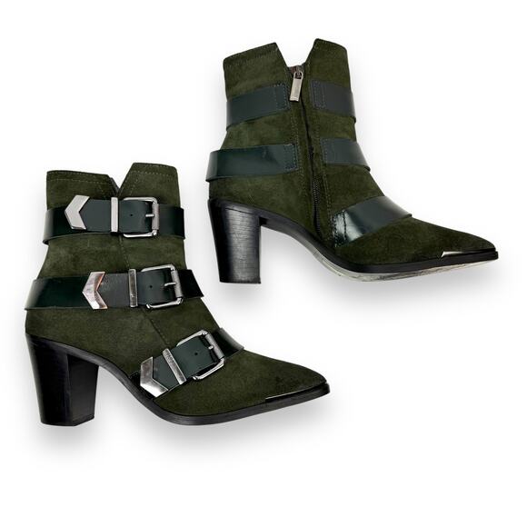 DIESEL green suede strapped buckle heeled pointed toe boots - Picture 12 of 16